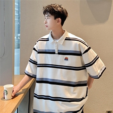 美式条纹短袖polo衫男女大码M-5XL港风翻领短袖T恤DP77010P50控78，男装T恤，星座227-7