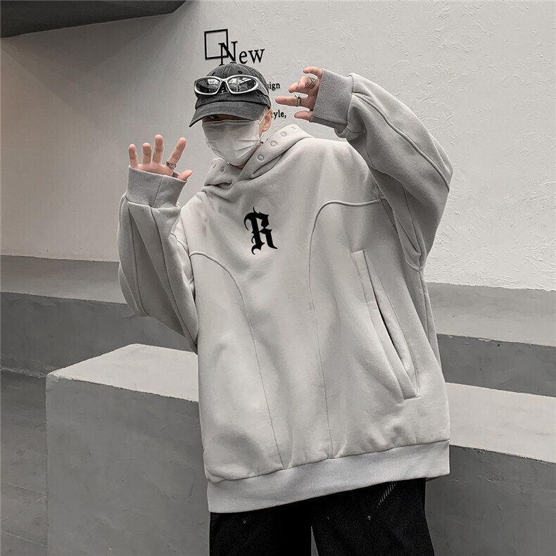 ！23宽松重磅加绒350克暗黑风R排扣连帽卫衣LW9073-p78,男装卫衣,星座508（原C305）