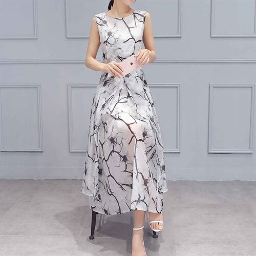 2022年夏季时尚气质简约圆领套头无袖印花中长款，女装连衣裙，卡杰菲