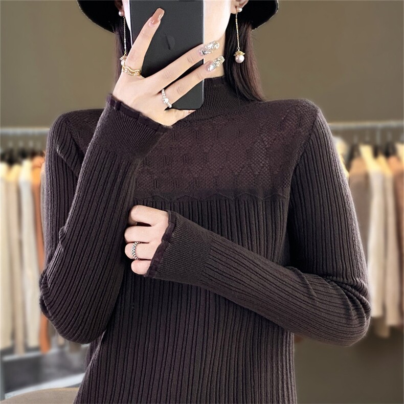 时尚半高领欧根纱拼接针织衫显瘦修身长袖毛衣女款,针织衫/毛衣,暖姿羊绒