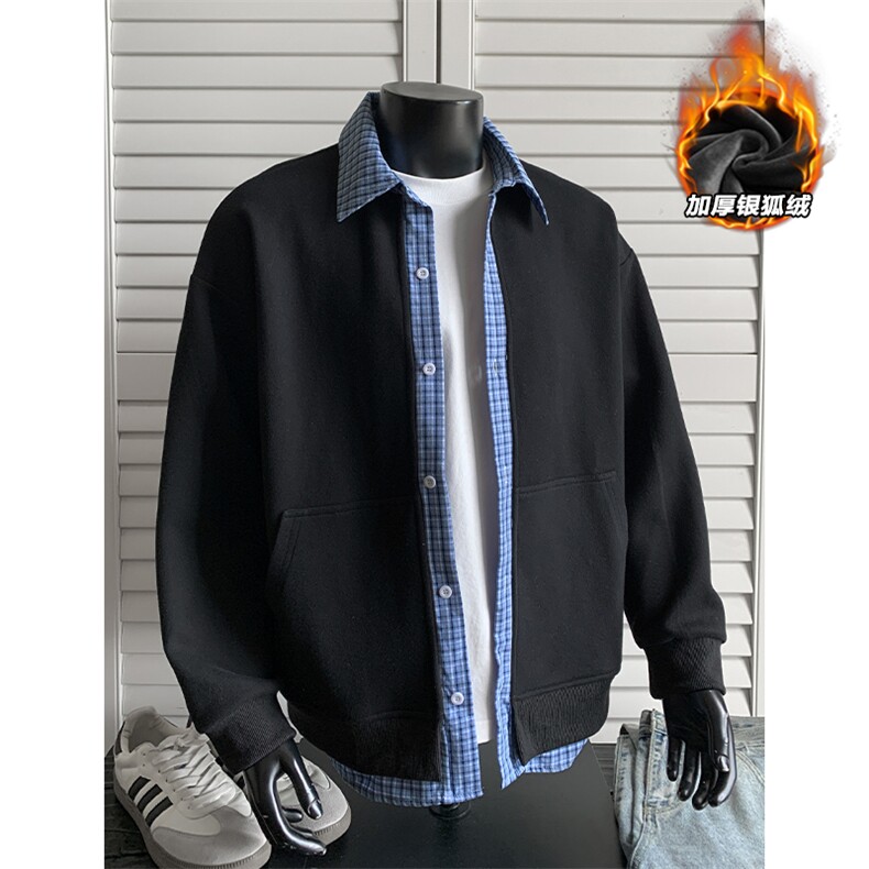 450g重磅银狐绒假两件格子拼接男卫衣外套W5436J加绒-特P55控99，女装短外套，电商A001