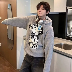 美式复古连帽套头毛衣男款冬季松弛慵懒情侣装斑点狗针织衫女图片