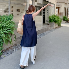 夏日流行淡人高级感两件套女2025新款蓝色流苏背心罩衫阔腿裤套装，女装套装/套裙，秋水欣儿