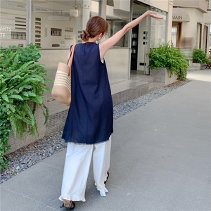 夏日流行淡人高级感两件套女2025新款蓝色流苏背心罩衫阔腿裤套装图片