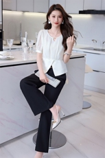 休闲时尚职业套装女2025夏新款时尚百搭拼接衬衫垂感阔腿裤两件套，女装套装/套裙，卡杰菲