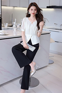 休闲时尚职业套装女2025夏新款时尚百搭拼接衬衫垂感阔腿裤两件套图片