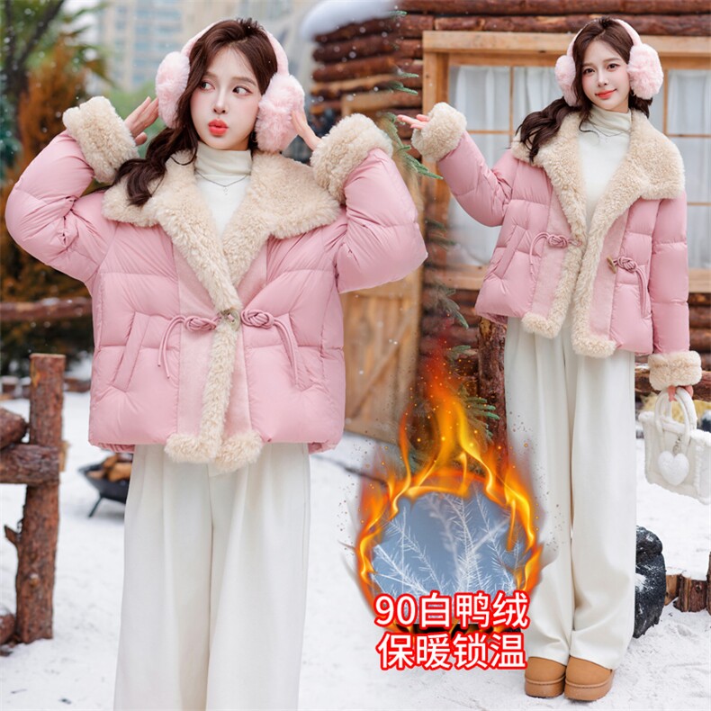 【bao款现货】2024新款冬装百搭70毛仿羊羔毛pu拼接羽绒服90白鸭绒,女装羽绒服,雅静靓衣