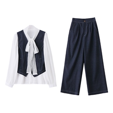 休闲牛仔时尚套装女2025春新款超火韩系穿搭洋气马甲阔腿裤三件套，女装套装/套裙，伊仟回