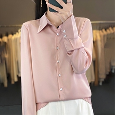 高级感醋酸缎面仿POLO领衬衫女气质收腰中长款长袖西装连衣裙，女装衬衫，朝贺羊绒