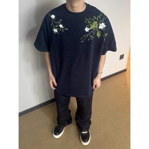 美式复古字母花卉刺绣短袖T恤男女夏宽松休闲百搭上衣T5803-p43图片