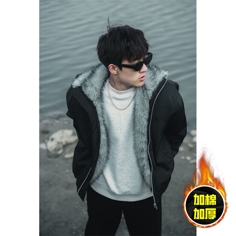 现货高品质美式高街重磅狼王座山雕毛毛领棉衣男女加厚棉服冬外套，男装棉衣，电商A486-1
