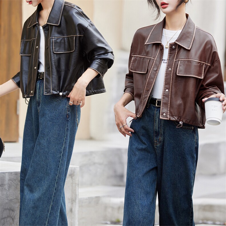 短款皮衣外套女2024秋季新款宽松休闲美式复古美拉德机车夹克上衣,女装皮衣,跑量工厂店