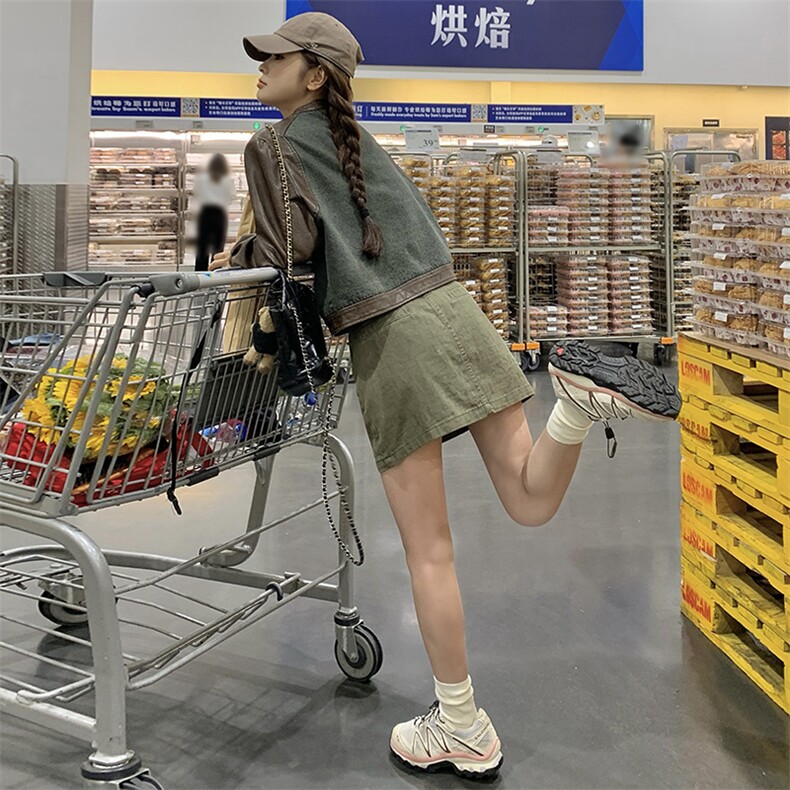 港风复古时尚拼接皮牛仔外套女2025春秋季新款宽松显瘦正肩短上衣,女装皮衣,浙宝189