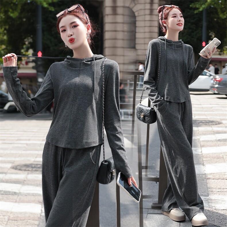 春装深灰色慵懒风休闲运动服套装女2025新款超火卫衣阔腿裤两件套,女装套装/套裙,琦鑫阁（原依鑫阁）