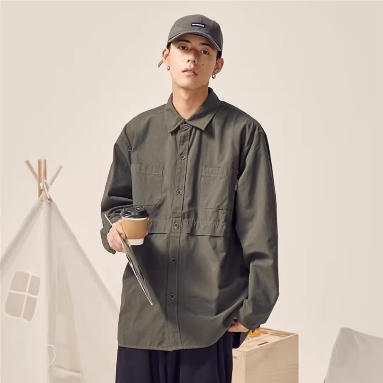 C232-P36复古工装衬衫外套男长袖休闲港风宽松学生春上衣，男装衬衫，电商B323A
