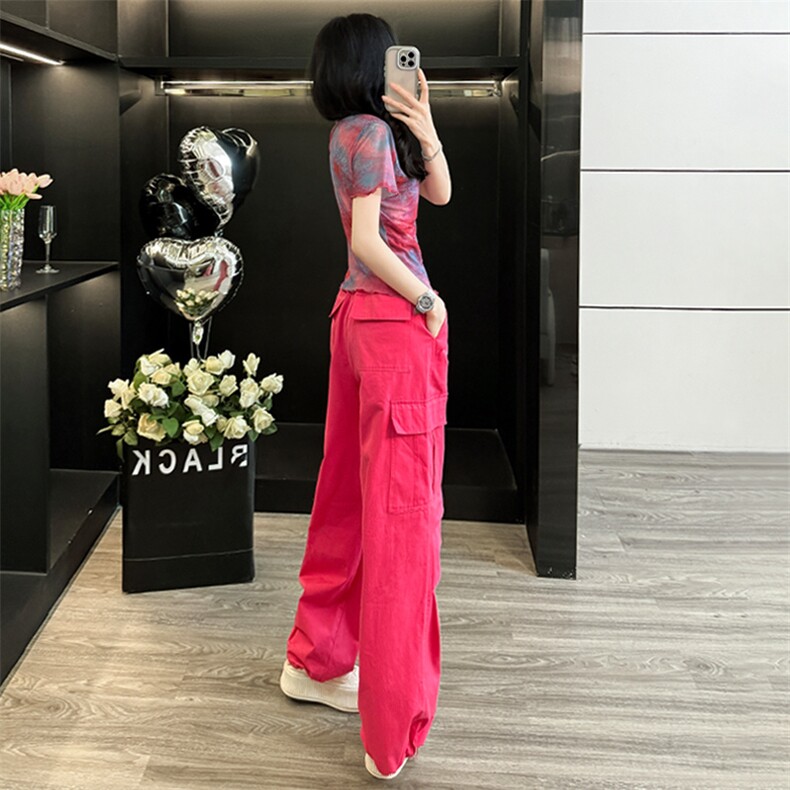 女夏新款时尚运动休闲套装洋气减龄玫红色圆领上衣阔腿长裤两件套,女装套装/套裙,江南