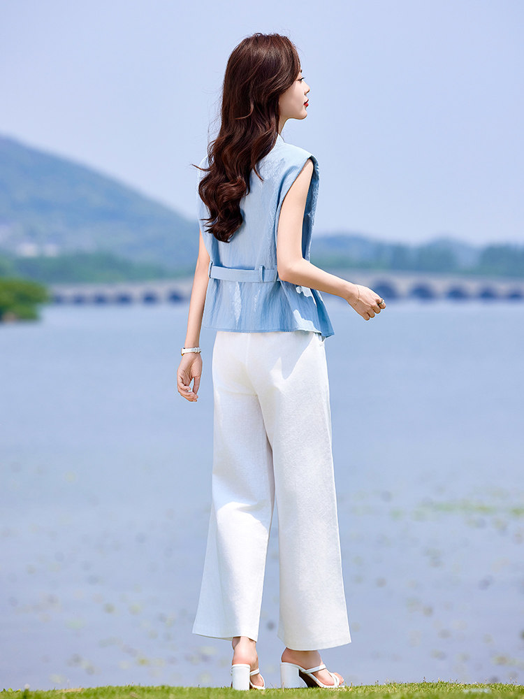 高级感时尚套装女气质无袖衬衫夏季新款收腰显瘦阔腿裤休闲两件套,女装套装/套裙,靓衣阁