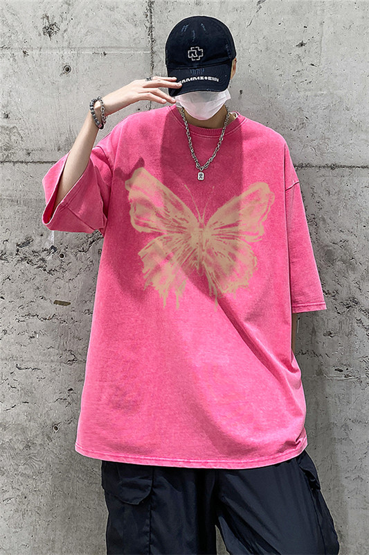 高街纯棉重磅水洗蝴蝶印花短袖T恤M~5XLXZ604-DT108-P45控58,男装T恤,星座604