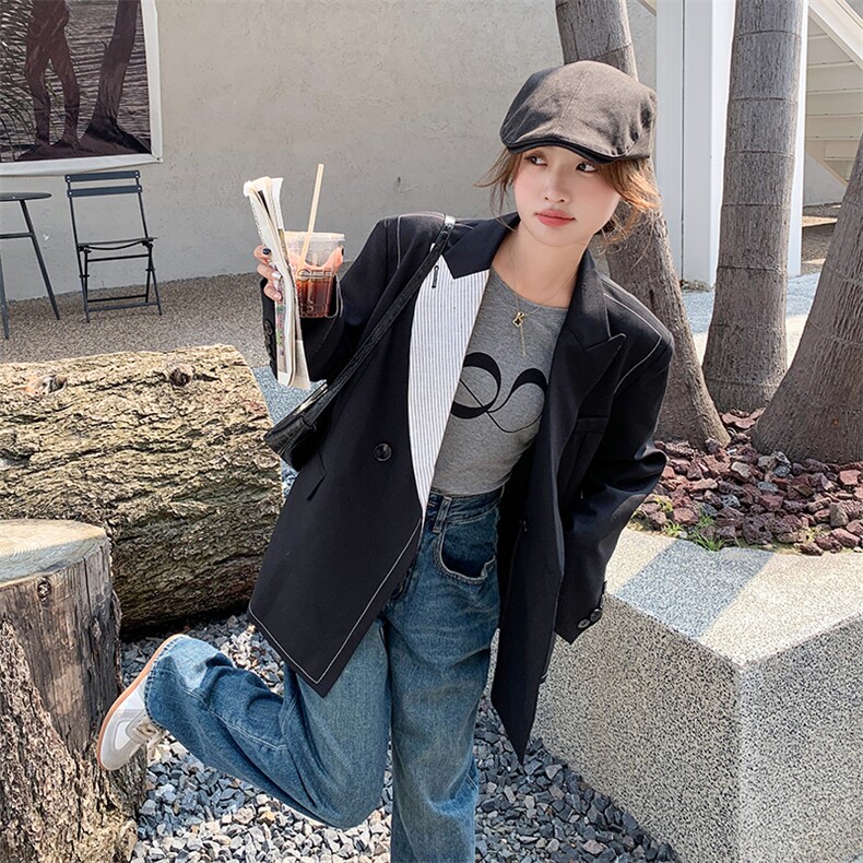 条纹拼接黑色西装外套女春秋2025新款高级感通勤气质休闲西服爆款，女装西装，浙宝285（原212）