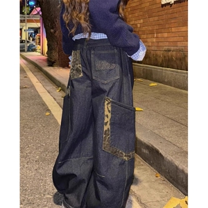 美式复古破洞弯刀牛仔裤男女秋冬宽松阔腿裤工装裤休闲裤 N1031图片