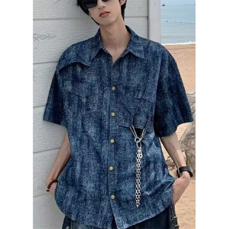 夏季薄款提花金属扣短袖衬衫新中式宽松翻领半袖上衣C4715,男装衬衫,星座1116A（原606A-3）