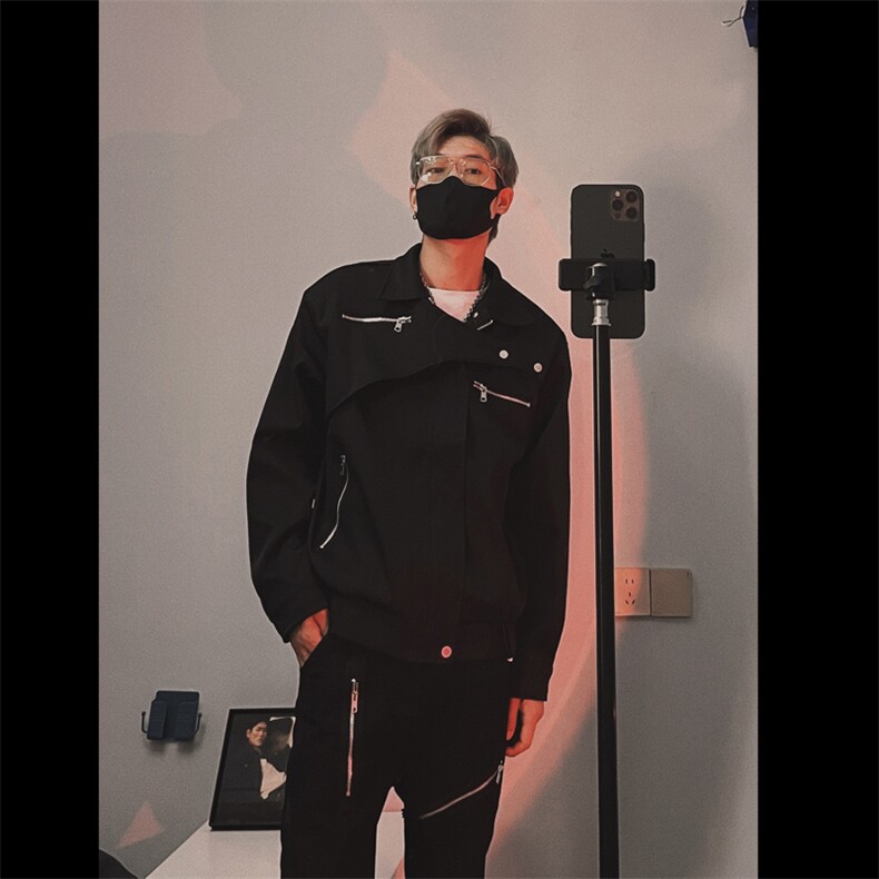 新款春秋简约宽肩黑男休闲设计感短款翻领解构夹克JK326-P68,男装夹克,星座1109-3