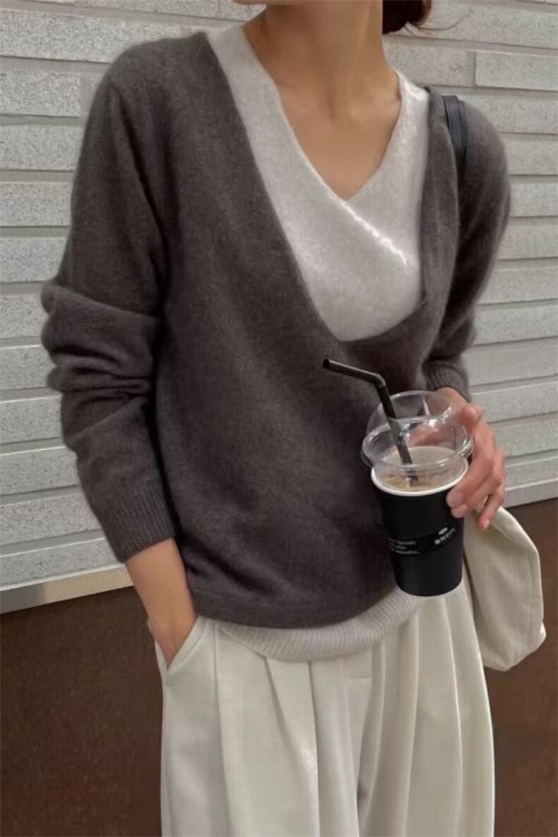 新款纯色v领针织开衫时尚休闲风,针织衫/毛衣,锦瑟羊绒