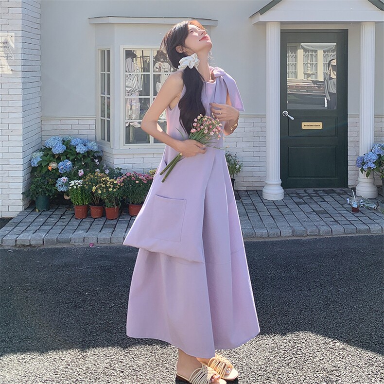 法式紫色无袖背心裙连衣裙子女装夏季2025新款简单甜美长裙带包包,女装连衣裙,2C122