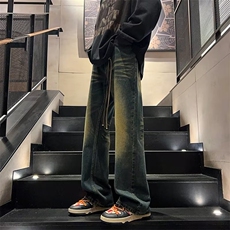 24年高街vibe做旧黄泥染水洗牛仔裤男潮ins直筒微喇cleanfit裤子，男装牛仔裤，星座601-2