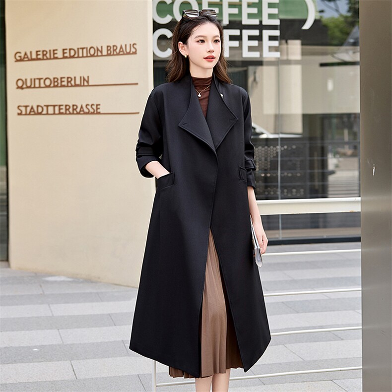 欧货正品一口价女2024秋冬英伦风中长款宽松百搭收腰系带翻领风衣,女装风衣,时尚俏佳人