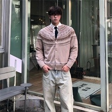 费尔岛提花毛衣开衫男款慵懒高级感老钱风穿搭秋冬季休闲针织外套，男装针织衫/毛衣，星座410-7