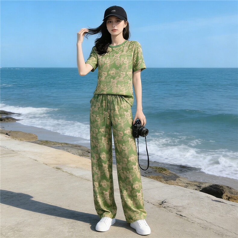 韩版时尚潮流套装女夏季新款个性简约圆领印花上衣阔腿长裤两件套,女装套装/套裙,江南
