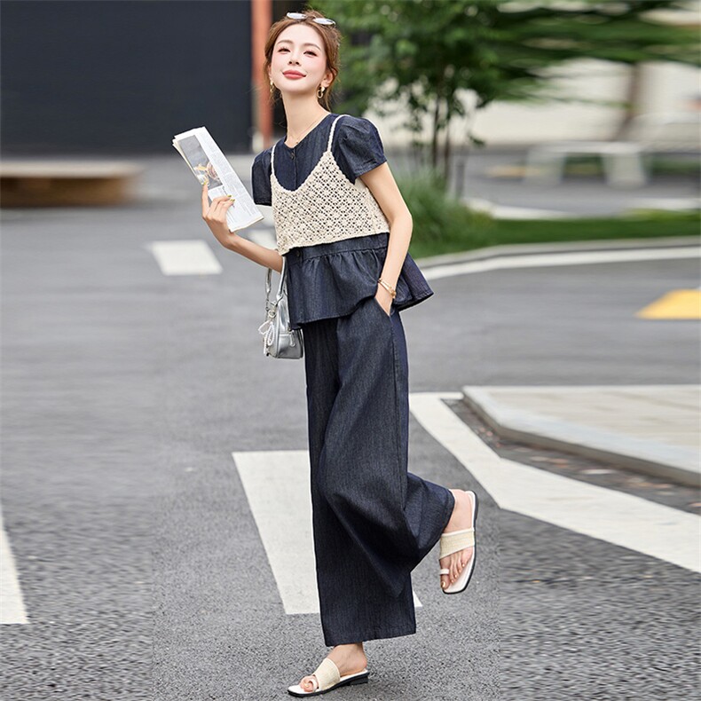 牛仔套装女2025夏季新款韩版宽松显瘦阔腿裤镂空吊带三件套,商品下架区,韩然一族