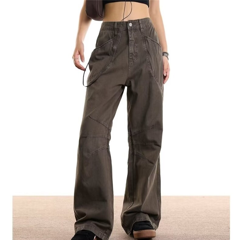 美式复古拼接宽松直筒工装裤男潮牌高街褶皱设计感阔腿长裤NZ49，男装工装外套，星座516A