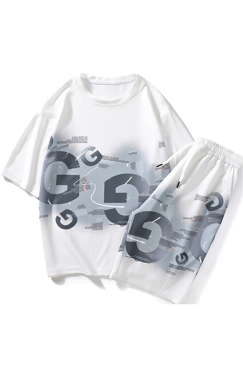 夏季短袖套装潮牌印花冰丝t恤运动休闲两件套衣服A438-TZ08-P65,男装T恤,电商A438