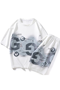 夏季短袖套装潮牌印花冰丝t恤运动休闲两件套衣服 A438-TZ08-P65图片