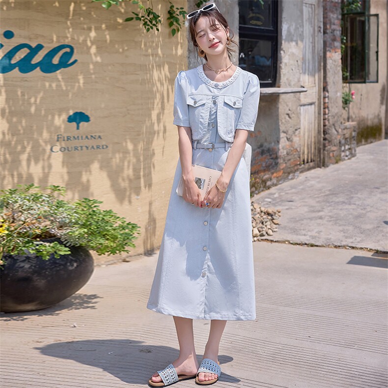 清新减龄蓝色牛仔连衣裙女2025夏季新款小个子收腰气质显瘦衬衫裙,女装连衣裙,沁沁公主