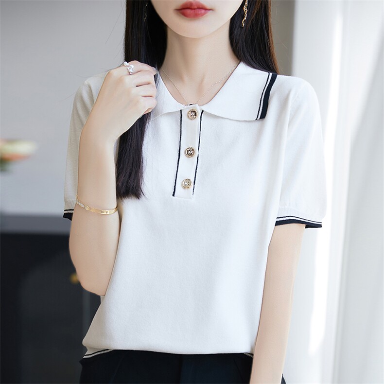 polo领拼色短袖2025夏季新款减龄t恤女士洋气别致上衣服,女装T恤,广悦羊绒
