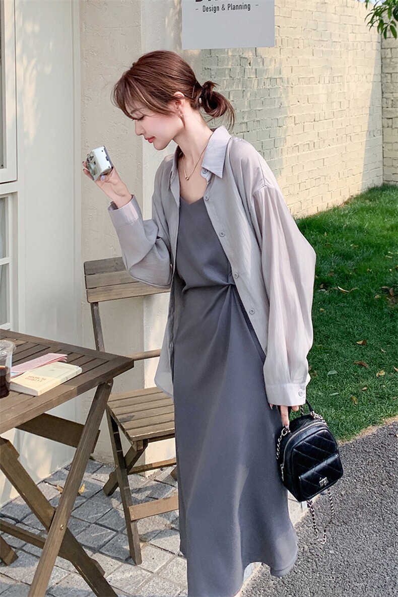 韩系御姐风穿搭一整套女夏高级感灰色天丝防晒衬衫吊带连衣裙套装,女装套装/套裙,欣美人