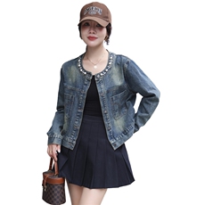 韩版圆领长袖短款牛仔外套女早秋新款高级感订珠小个子街头短外套，女装牛仔外套，跑量工厂店