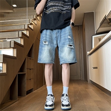 牛仔短裤男士韩版潮流高街破洞帅气2024夏季ins五分裤RK1850-P38，男装牛仔裤，星座412-3