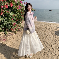 2025秋前后两穿蝴蝶结渐变毛衣蕾丝半身裙两件套2C133-P145-K198，女装套装/套裙，2C133