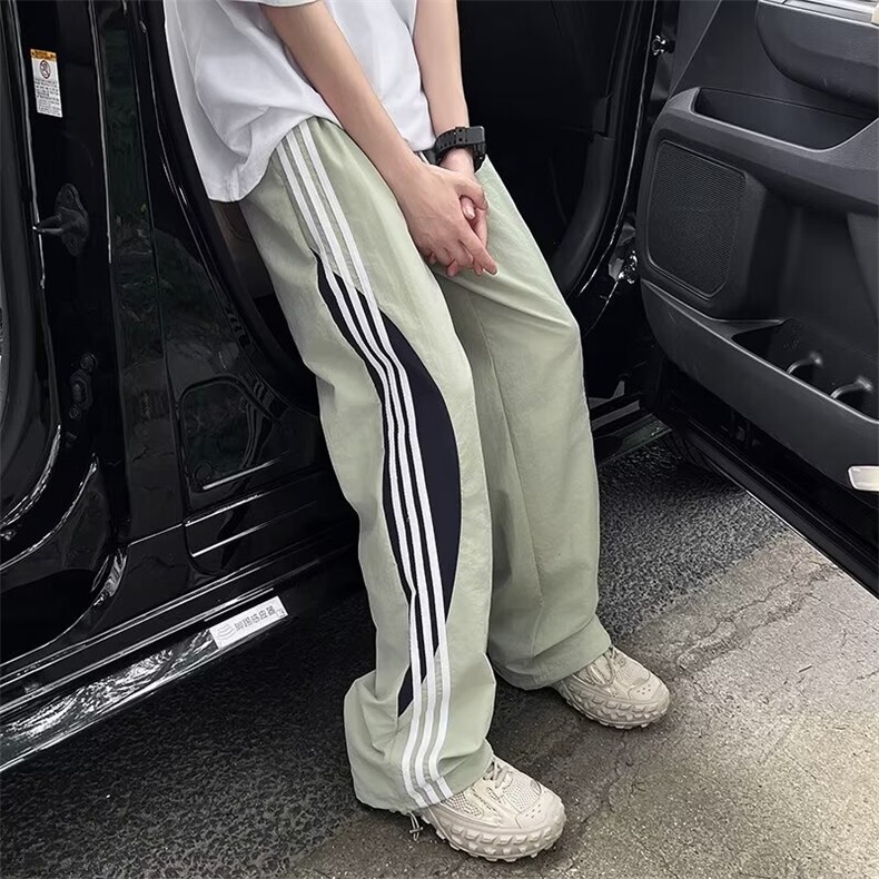 黑色侧边条纹裤子高街美式速干工装裤三条杠直筒运动休闲裤男图片