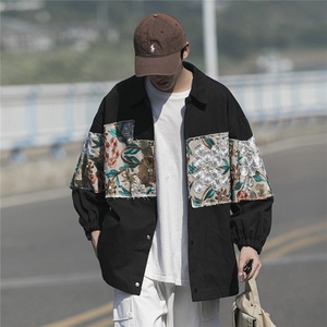 1港风休闲宽松刺绣潮拼接翻领工装大码M-5XL夹克男7568P85控118图片