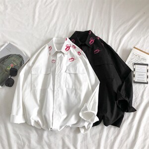 21秋装口红印花长袖衬衫男情侣潮流休闲衬衣 CS20P45图片