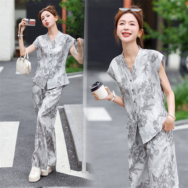 时尚印花套装女2025夏季爆款小个子气质名媛减龄显瘦休闲两件套潮，女装套装/套裙，梦依杭