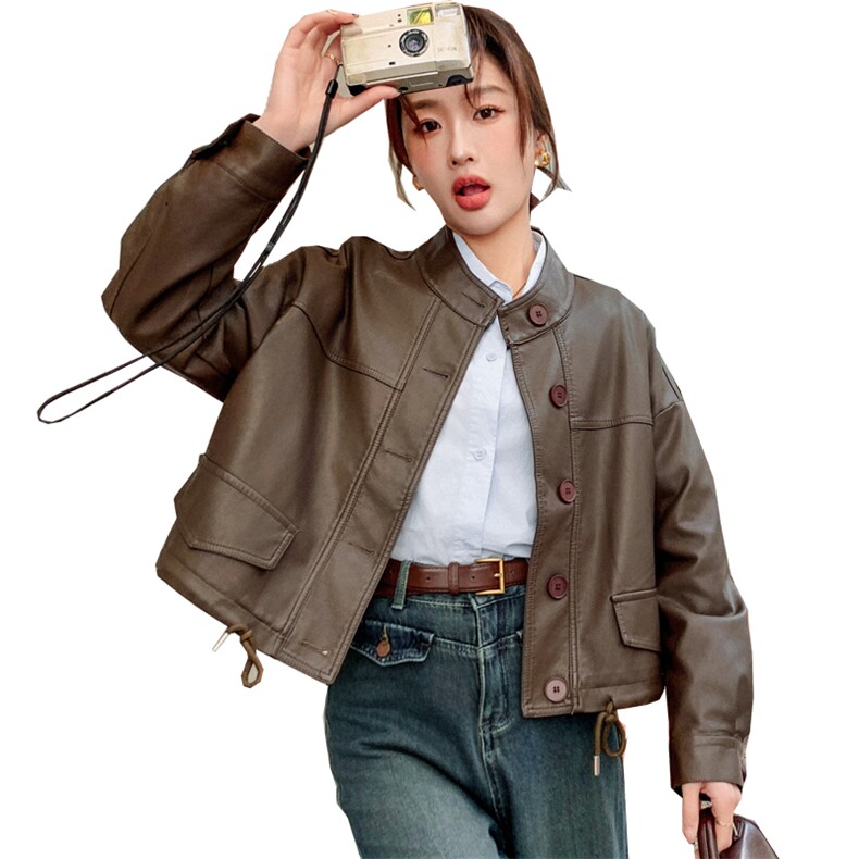 大量现货2024春季女装机车时尚立领短款皮衣浙宝013,女装皮衣,莘蕾