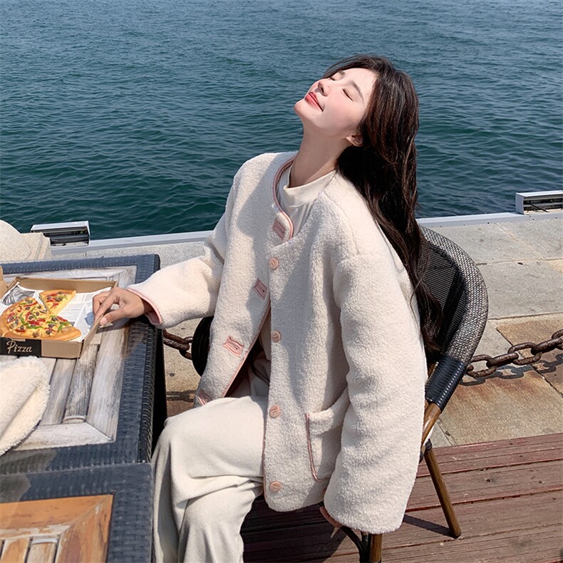 粉色两面穿羊羔毛外套女2024年冬季新款奶fufu小个子加厚连帽棉服，女装羊羔毛/颗粒绒，浪娴服饰