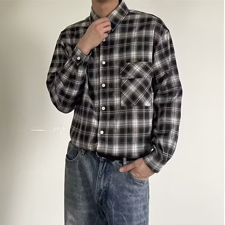 复古高街格子衬衫男慵懒风宽松休闲情侣痞帅潮衬衣CSA13-P42,男装衬衫,星座208-5