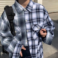 潮流潮慵懒时尚ins格子青春流行衬衫日常标准夏季男方领长袖，男装衬衫，星座716-2